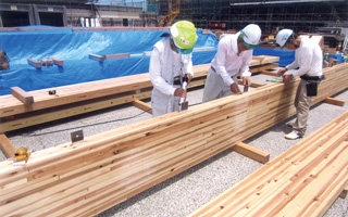 静岡空港木工事　木梁加工風景